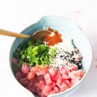 tuna topping ingredients prepared and ready to mix in a bowl