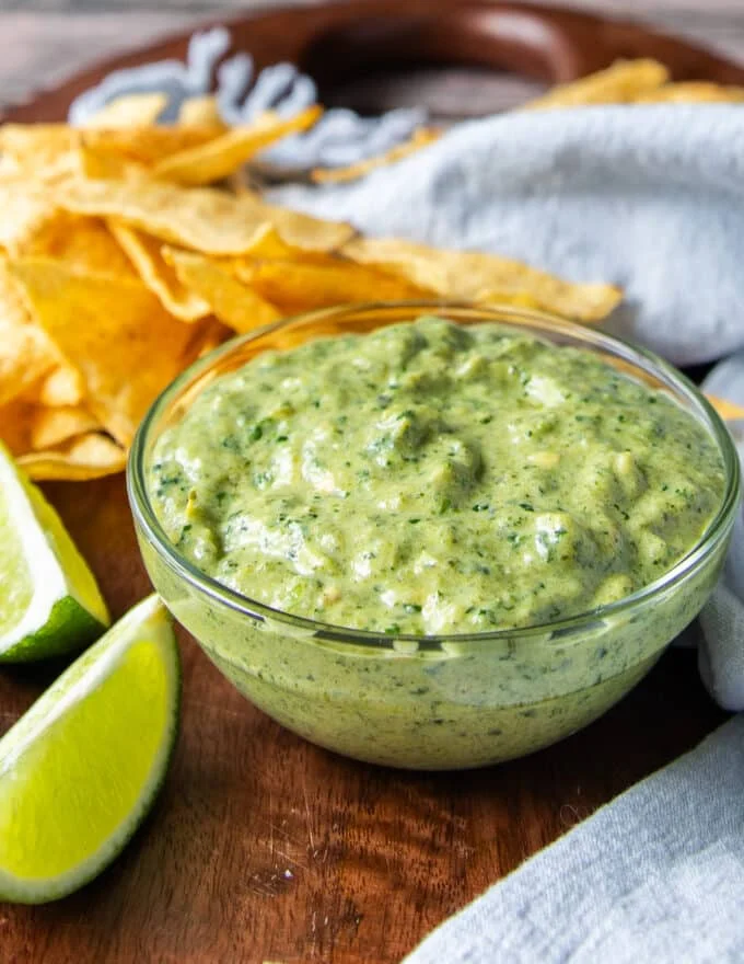 close up of a bowl of poblano sauce