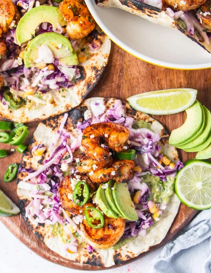 Top view of a fully assembled shrimp taco ready to eat