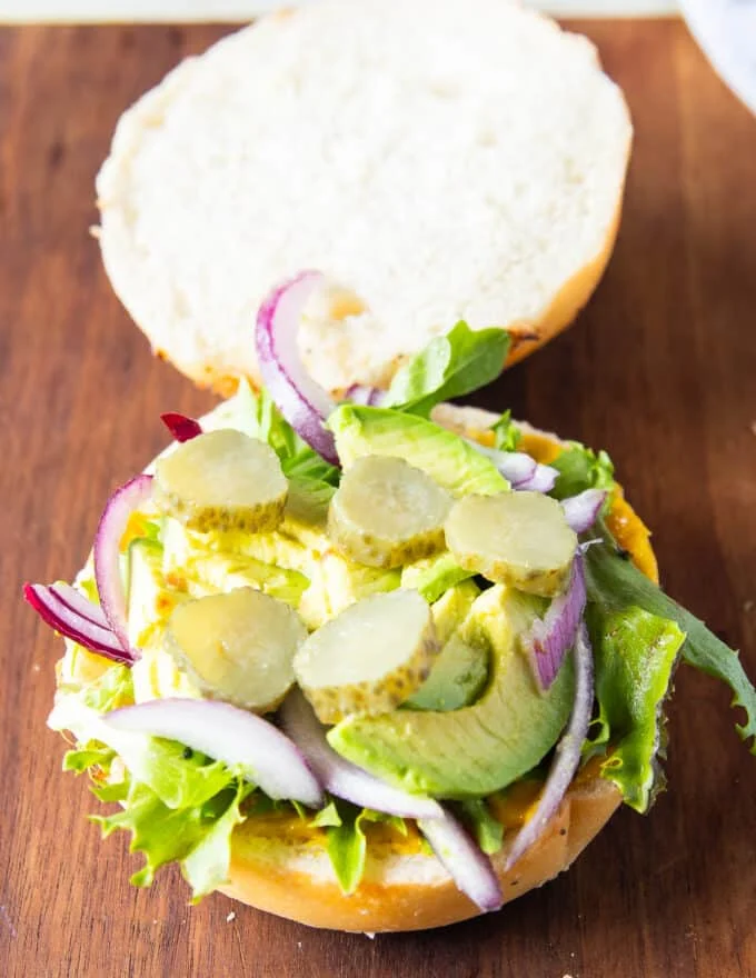 Remaining tuna burger toppings added on a bun