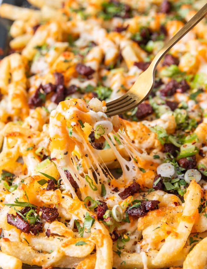 close up of a loaded fries with a fork puling out a portion of the fries and melted cheese