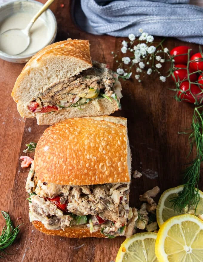 The sardine sandwich is perfect and cut up into two pieces
