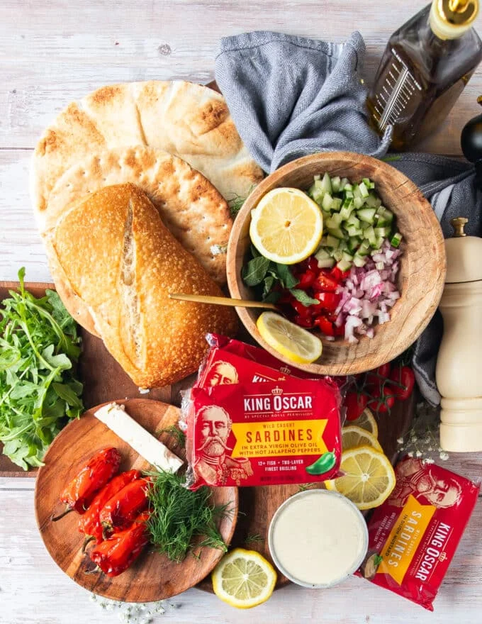 Ingredients on a board to make the best sardine sandwich