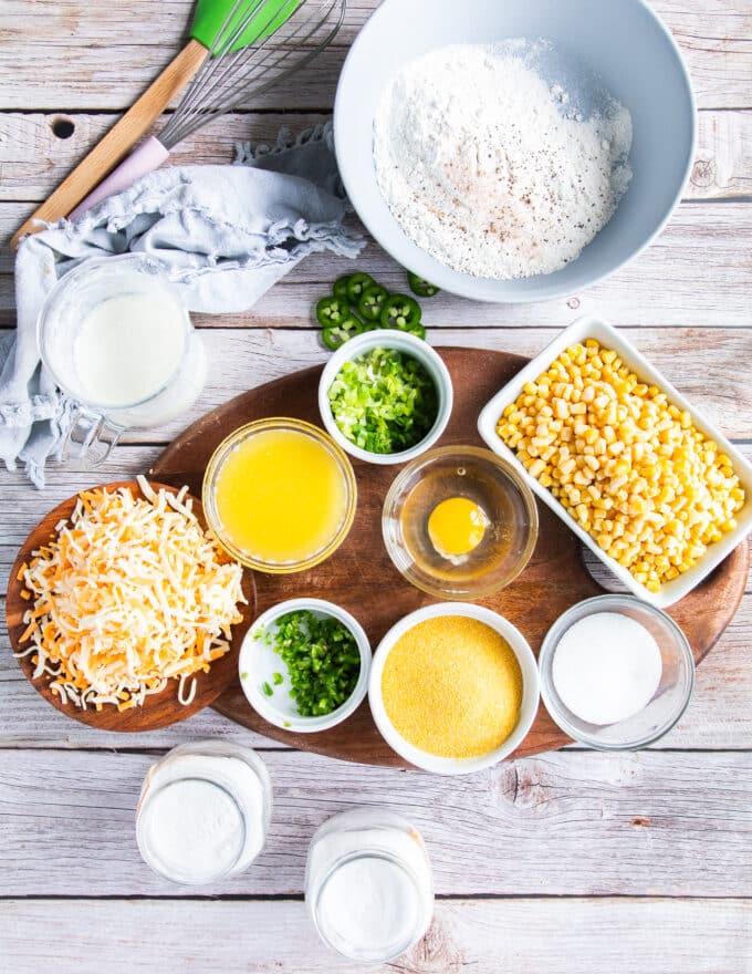 ingredients to make jalapeno cheddar cornbread in separate small bowls all pre measured and ready to use