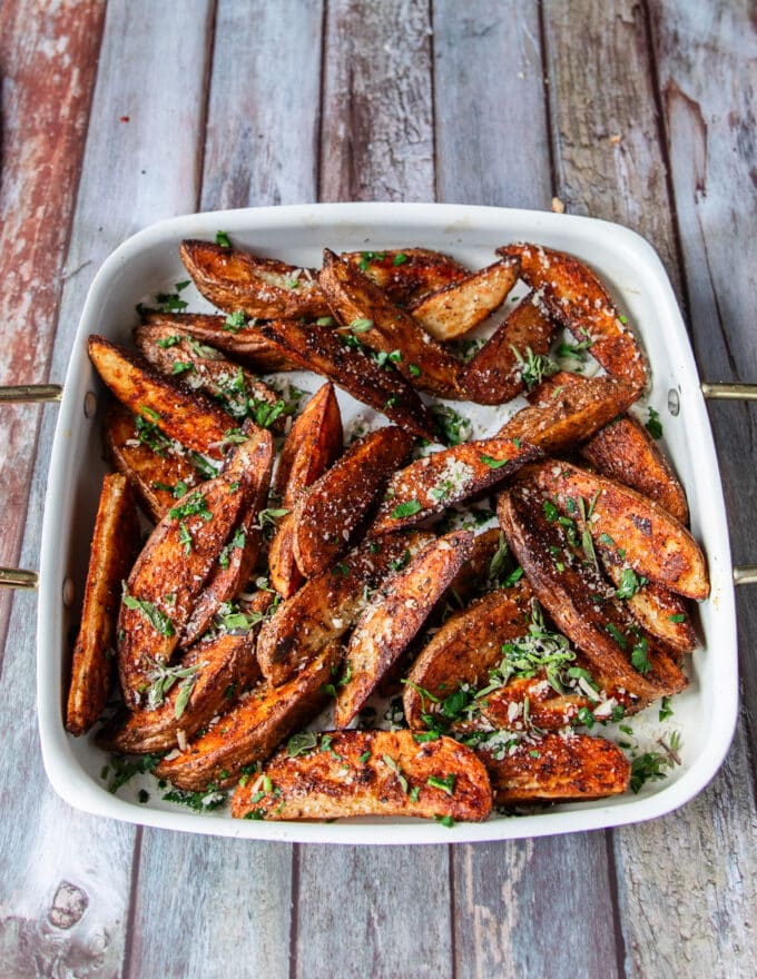 side view of perfect air fryer potato wedges