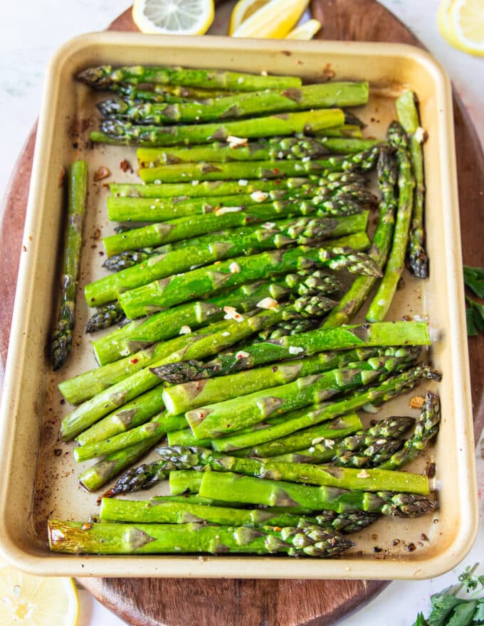 Perfectly baked asparagus out of the oven crisp and tender at the same time