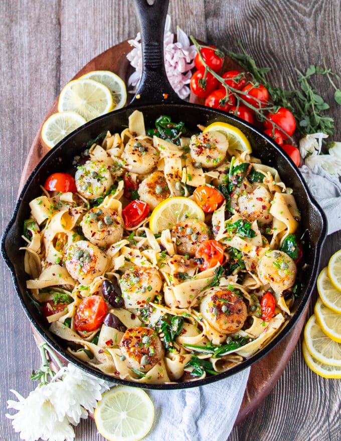 Full plate of perfect scallop pasta with golden scallops and tender pasta in a sauce